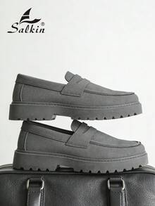 Salkin 奢华男士平底便士乐福鞋，纯色仿麂皮休闲鞋，柔软舒适，防滑鞋底，时尚优雅的绅士鞋，适合商务、正式场合、婚礼、春夏秋季穿着。尺码偏大，建议选购小一码。 - 灰色 - 查看 8