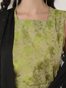 2026 New Style Ramadan Traditional Elegant Jacquard Fabric Arabic Women's Dress JALABIA Two Pieces Set, Collarless Belted Sleeveless Robe, Black & Green - Black - View 3