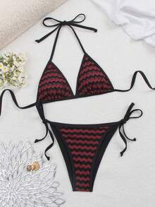 Bộ bikini nữ họa tiết zigzag cổ điển, áo yếm buộc dây bên hông, đồ bơi mùa hè. - Đỏ - Xem 3