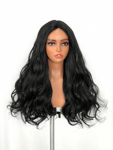 Long Synthetic Curly Wig With Middle Part Bangs, Women's Natural Wave Dark Brown Wig, Heat Resistant Fiber Material, Suitable For Cosplay - Black - View 5