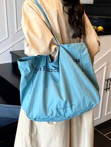 2026 New Model One Shoulder Floral Lace Casual Literary Tote Commuter Canvas Bag, Large Capacity Handbag - Cadet Blue - View 3