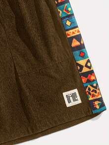 Summer Men's Textured Corduroy Patchwork Print Drawstring Shorts, Side Stripe Casual Loose Fit Breathable Streetwear Retro Shorts, Vertical Striped Textured Fabric - Brown - View 5