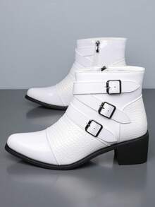 1 Pair Men's Pointed Toe Mid-Calf Boots With 3 Buckles, PU Leather Upper, Rubber Sole, Comfortable Slip-On Casual Business Boots - White - View 1