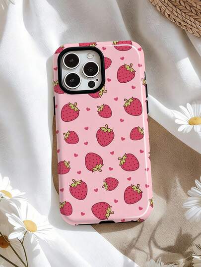 1pc Korean Style Cute Cartoon Strawberry Heart Pattern Glossy 2-In-1 Filmstrip Phone Case, Suitable For Samsung/ 11/12/13/14/15/16/17 Pro Max