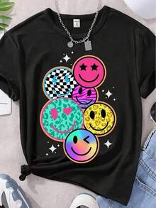 Camiseta de manga corta de cuello redondo para mujer - Negro con gráfico de cara feliz colorido vibrante, camiseta casual lavable en máquina, comodidad para todas las estaciones, cuidado fácil, camisetas para damas, atuendo diario, estampado audaz, material cómodo, camisa estampada, buscadores de comodidad - Oscuro - Ver 1