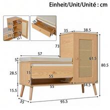 Meuble à chaussures, banc d'entrée en rotin avec rangement pour chaussures et coussin d'assise – Banc d'entrée multifonctionnel avec tiroirs et compartiments ouverts, une porte de placard - Couleur naturelle - Voir 2