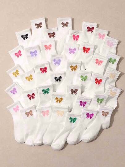 10双儿童随机颜色蝴蝶结印花中筒袜，清新校园风，多色装饰，舒适百搭，适合上学、户外活动、日常休闲和居家穿着。