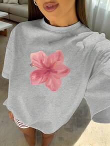 1pcs Plus Size Women's Loose Fit T-Shirt, Printed With Watercolor Pink Hibiscus Flowers, Perfect For Tropical Vacations, Beach Dates, Summer Parties - 淺灰色 - 查看 7