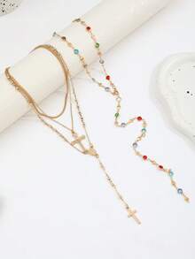 4pcs/Set Bohemian Style Crystal Cross Pendant Necklace, Tassel Long Necklace, Vacation Style, Unique Jewelry Gift Suitable For Daily Wear - Yellow Gold - View 2