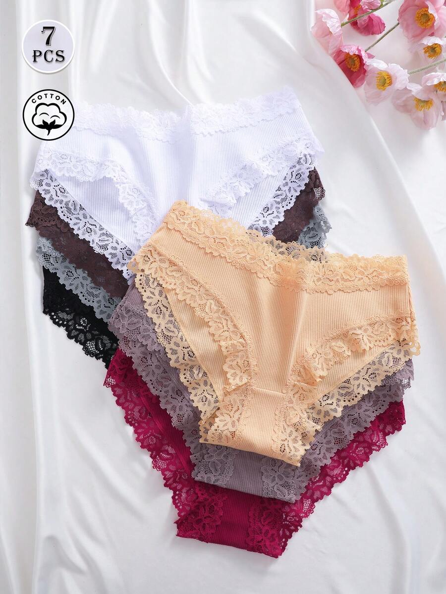 7 piezas de bragas triangulares de mujer de unicolor, algodón, encaje, patchwork, acanaladas, sexy, románticas, cómodas y de cintura baja - Multicolor - Ver 1