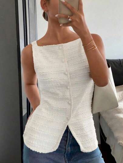 Women's Summer New Fashion Elegant Single-Breasted Round Neck Sleeveless Fitted Cute Camisole Tank Top Sexy All-Match Versatile Top For Daily Wear, Home, Shopping, Travel And Commuting