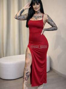 Women's Red Long Dress In Spandex With Padded Cups, Open Back, Laced Detail, And Sensual Slit. - 紅色 - 查看 3