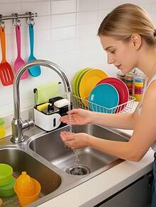 四合一厨房皂液器套装，包含液体皂液器、带海绵架的洗洁精泡沫器、厨房收纳架，以及水槽和台面清洁用品。 - A - 查看 8