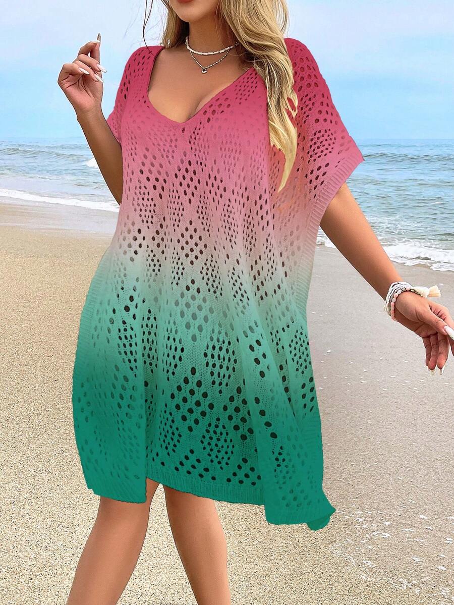 女士沙滩罩衫，时尚休闲镂空印花泳衣罩衫（不含泳衣） - 彩色 - 查看 1