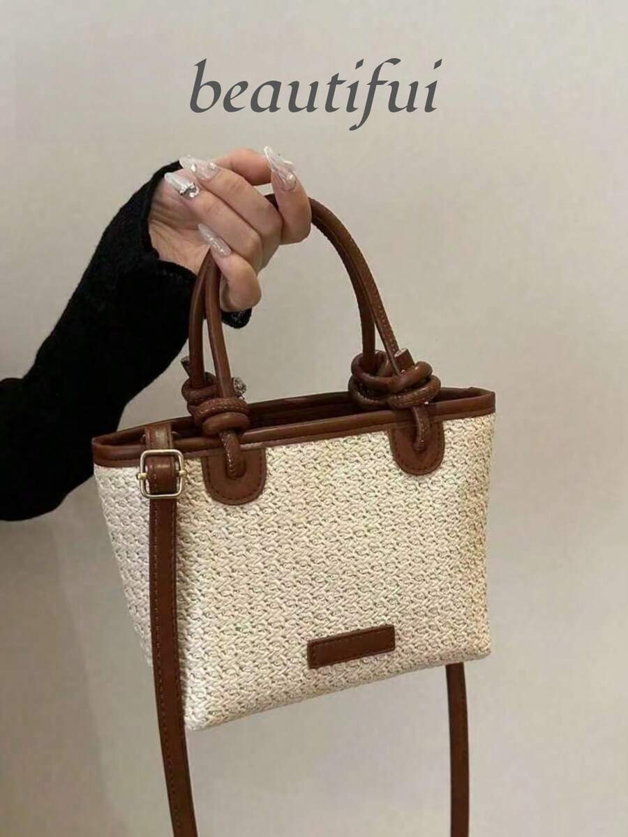 2025 Women's Woven One Shoulder Crossbody Bag, Large Capacity Vacation Beach Tote Handbag, Commuter - White - View 1
