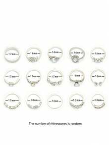 1 Set 15pcs Open Hollow Rhinestone Heart Shaped Knuckle Rings (Random Rhinestone Quantity) - Antique Silver - View 5