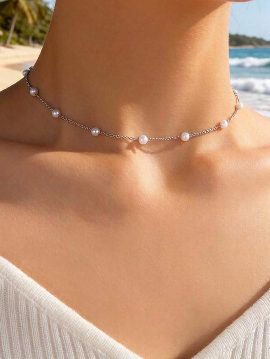 imoli Collar Decorado Con Perlas Falsas