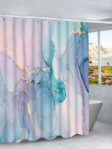 Bộ 1/4 rèm tắm họa tiết đá cẩm thạch màu xanh nhạt, chất liệu polyester cao cấp, kèm 12 móc treo, thảm chống trượt, thảm chữ U cho bồn cầu, tấm phủ nắp bồn cầu, kích thước 71x71 inch. - Nhiều màu - Xem 18
