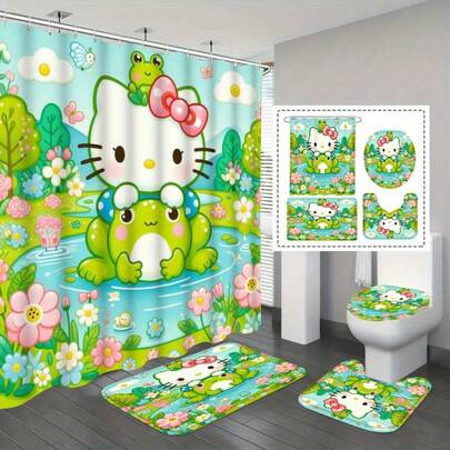 1/4-Piece "Kitty" Bathroom Decor Set - Shower Curtain Set Including Shower Curtain, Bath Mat, U-Shaped Contour Rug, And Toilet Lid Cover. Modern Bathroom Home Decor Accessories-A Complete Bathroom Accessory Set, Perfect As A Holiday Gift Or For Bathroom Decoration.