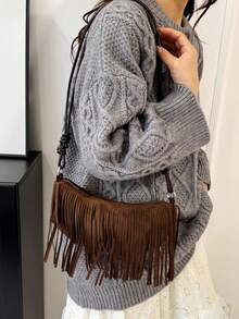 Matte Retro Korean Style Fashion Versatile Tassel Shoulder Crossbody Dumpling Handbag - Brown - View 4