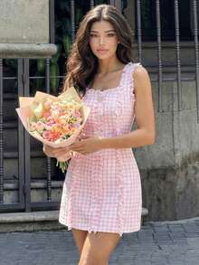 Women's Elegant Pink & White Plaid Fringe Ruched Waist Mini Dress, Fashionable Sexy Party Dress, Glamorous Nightlife Outfit - Pink - View 1