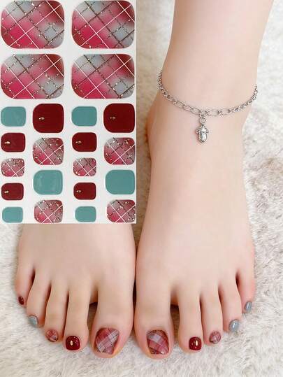 22 miếng dán móng chân nghệ thuật mùa hè, họa tiết hình thoi kẻ caro màu hồng, thích hợp cho du lịch, tiệc tùng, đám cưới, dán kín móng chân.
