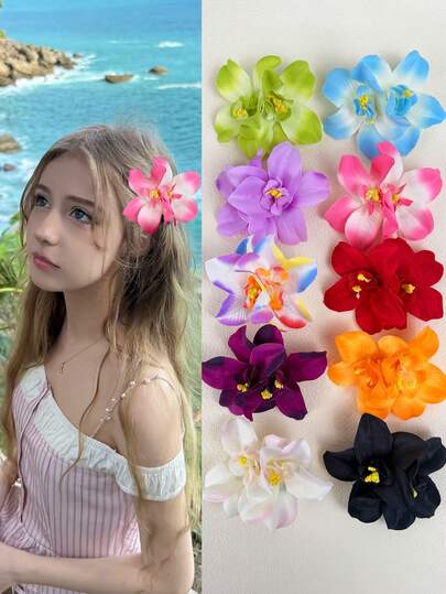 1/10个夏威夷花朵发夹，人造花朵发夹，芙蓉花发夹，莲花发夹，适合假日海滩派对、夏季热带花朵发饰、婚礼派对、女孩礼物、发爪、发夹、发卡、学习用品、头部饰品