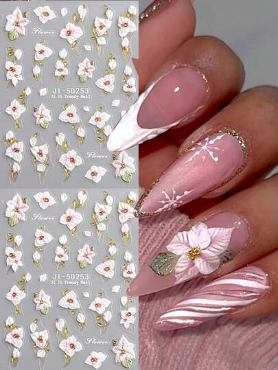 2 Pieces 5D Petal Nail Stickers - Pink And White Hibiscus And Orchid Petal Embossed Nail Patterns - DIY Self-Adhesive Nail Stickers - Cute Spring/Summer Nail Decorations, Nail Salon Accessories, Nail Supplies