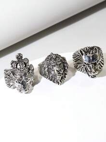 3pcs Vintage Lion & Wolf Head Rings, Men's Fashion Ring Set - Antique Silver - View 4