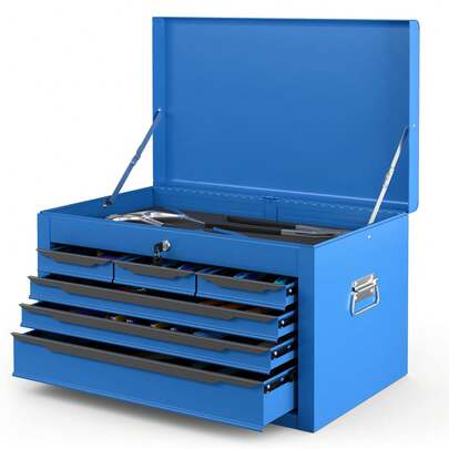  COSTWAY 6-Drawer Tool Chest, 24" Portable Steel Toolbox With Carrying Handle, Drawers & Top Storage, Double Lock System, EVA Liners, Tool Storage Box Organizer For Garage Warehouse Repair Shop, Blue