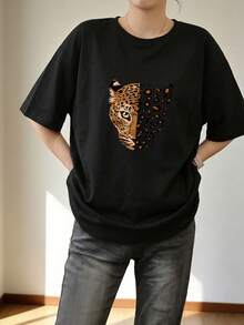 女士圆领短袖T恤，夏季新款豹纹印花，时尚休闲百搭宽松上衣 - 黑色 - 查看 2