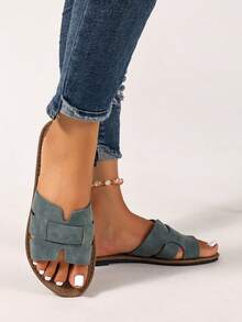 Ximi Ruo 2026 New French Retro Matte Gray-Green H-Shaped Slip-On Flat Sandals, Open Toe, Casual Comfortable Slippers For Summer, Versatile Wear,Beach Shoes - Lime Green - View 3