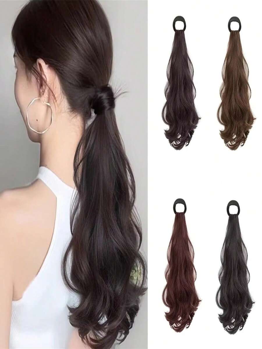 蓬松大波浪卷马尾假发，自然蓬松慵懒编织马尾发圈，发绳，橡皮筋，发圈 - 彩色 - 查看 1