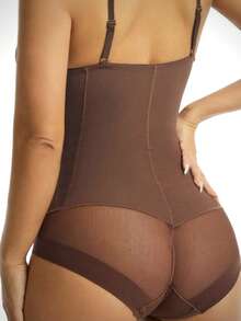 Große Größen 1 Stück Formende Unterwäsche für Damen, Damen Bodysuit, enge Bustier mit BH-Körbchen, Dreireihiger Schnallenverschluss für einfache Toilettenbenutzung, modisch sexy Mesh Bodycon - Kaffeebraun - Übersicht 8