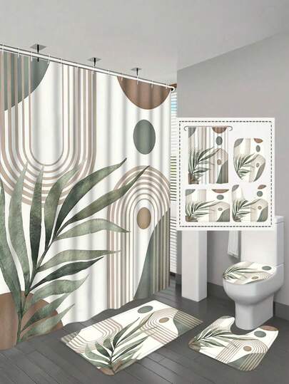[Bohemian Shower Curtain] 1/4 Pcs Modern Minimalist Bohemian Medieval Abstract Shower Curtain Set, Anti-Slip Bathroom Mat, U-Shaped Toilet Mat, Toilet Seat Cover, Bathroom Home Decor Accessories, With 12 Hooks