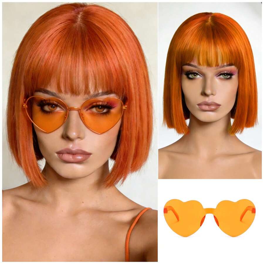 Cyberpunk Bob Wig & Glasses Set - 20+ Neon Colors With Adjustable Fringe | Multi-Tone Synthetic Hair For Cosplay, Rave, Halloween & Daily Bold Fashion (Hot Red/Lime Green/Orange/Light Pink/Plum Purple/Neon Blue/Neon Lilac/Golden Blonde/Black) - 橘色 - 查看 1