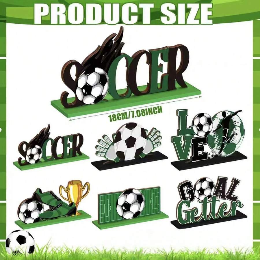 6pcs Soccer Themed Wooden Desktop Decor - Green & Black "SOCCER" Letter Design - 6Pcs - View 1