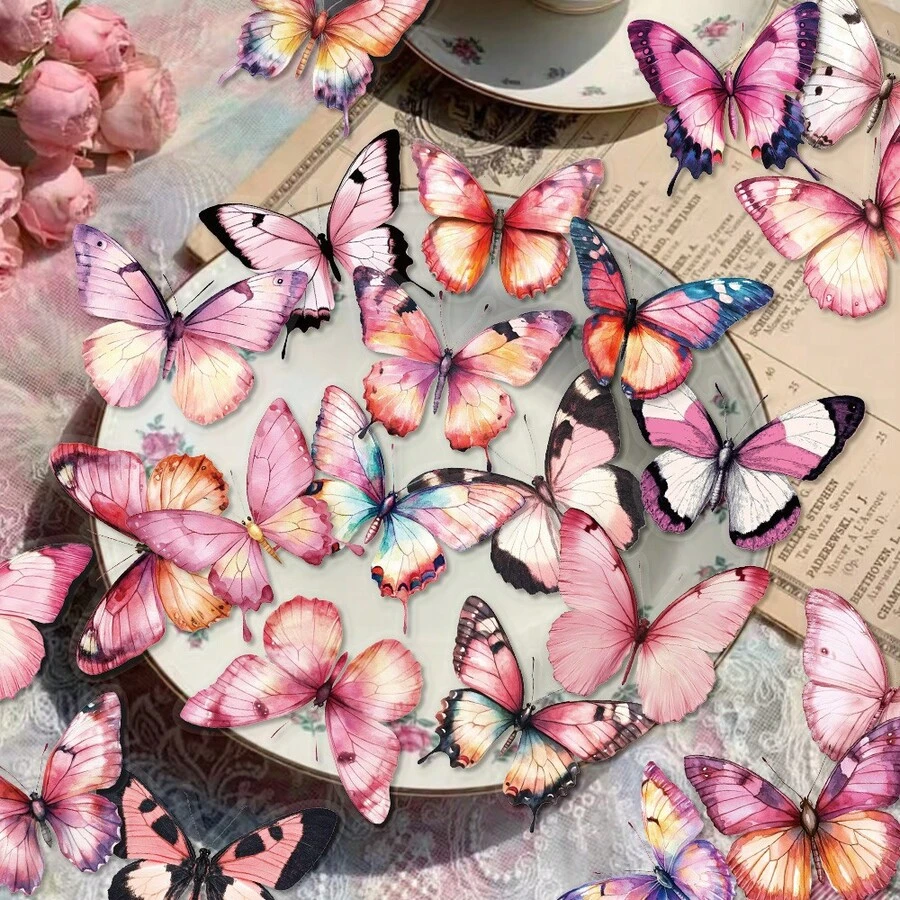 50张粉色蝴蝶贴纸，适用于剪贴簿、日记、计划本、行李箱、手机壳、吉他、滑板等，趣味贴纸，Kindle剪贴簿用品，笔记本电脑贴纸 - 粉紅色蝴蝶 - 查看 1