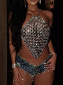 Halter Tops For Women Metal Chain Sequinned Reinstone Halter Tank Top Asymetrical Hem SleevelessOpen Back Vest Going Out Crop Top For Party Streetwear - 銀色 - 查看 5