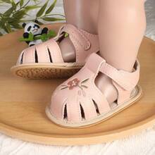 1 Pair Girls Fashion Embroidered Flower Hook-And-Loop Non-Slip Design Infant Toddler Sandals, Summer Spring Autumn - Pink - View 10