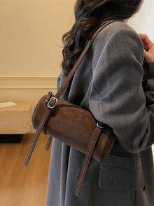 复古哑光圆柱形手提包，新款优雅小众时尚多功能通勤单肩腋下包，带手机和零钱包，女士款 - 咖啡 - 查看 3