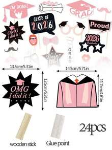 24件套2026届毕业照相亭道具，粉色毕业派对装饰（女生适用），毕业自拍杆道具，祝贺毕业照配件 - 粉色 - 查看 2