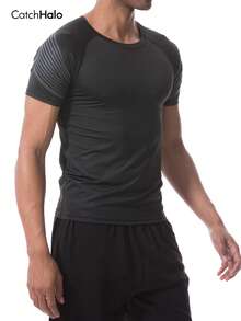 Men's Athletic Striped Shirt, Grey Slim Fit Compression Top, Raglan Sleeve Design Breathable Quick-Dry, Suitable For Gym, Training And Fitness - Black - View 4