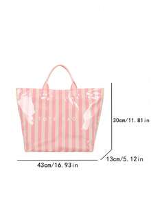 时尚独特条纹撞色女士手提包，现代撞色单肩包，防水PVC沙滩包，适合夏季，轻便大容量托特包，适合度假，轻便魔术贴多功能沙滩包；耐磨防水PVC女士单肩包，适合送礼、购物、约会、通勤、摄影、度假旅行 - 粉色 - 查看 3