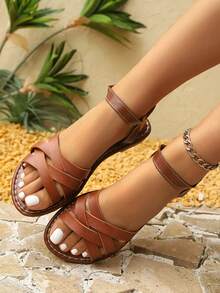 Giày sandal nữ da nâu đế bằng mới, sandal La Mã quai chéo, sandal liền thân co giãn thoải mái, sandal đi biển chống trượt chống thấm nước, sandal kiểu Pháp thanh lịch và đa năng. - màu nâu - Xem 5