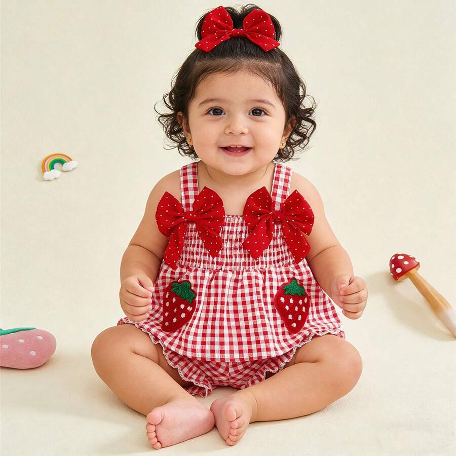 Toddler Baby Girls Tank Top And Shorts Set Summer Casual 2Piece Outfit Ruffle Hem Fly Sleeve Polka Dots Bows Detail And Strawberry Embroidered Smocked Peplum Tank Top + Ruffle Hem Wide Leg Shorts Set For Newborn Infant Kids Girls 0-3Y - 紅白色 - 查看 1