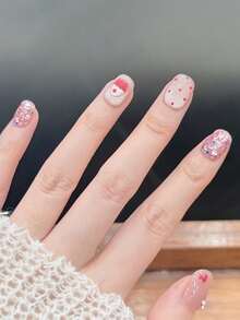 10片/套 贴片美甲，蜜桃粉色雪花顶，情人节，心形，可捏，闪亮，玻璃珠，猫眼石，可爱手工美甲 - 彩色 - 查看 2