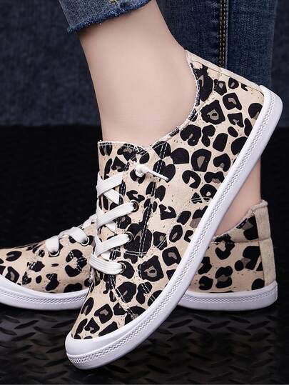 Giày thể thao vải canvas họa tiết da báo dành cho nữ | Giày casual cổ thấp phong cách Y2K | Giày đi bộ buộc dây thoải mái cho phong cách đường phố hàng ngày