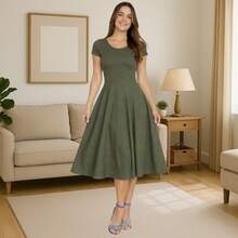 Midi Dress Godê Flared Social Congress Short Sleeve Evangelical Fashion Crepe Mesh - xanh quân đội - Xem 3