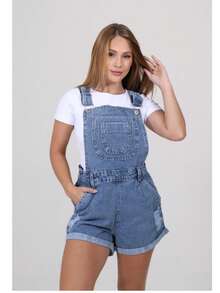 Jardineira Jeans Feminina Macacão Short  Mom Destroyed - Azul - Visão 7